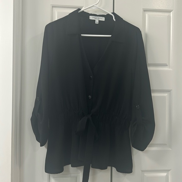 Waist tie button front blouse - Picture 1 of 7
